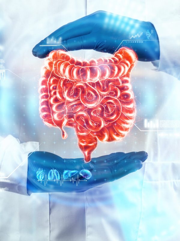 The doctor looks at the hologram of the intestine, checks the test result on the virtual interface and analyzes the data. Ulcer, surgery, innovative technologies, medicine of the future